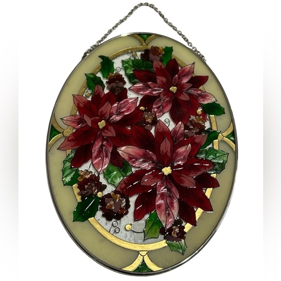 Joan Baker Designs Handpainted Oval Poinsettia Christmas Glass Suncatcher Art - Picture 1 of 8